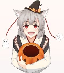 Rule 34 | 1girl, :d, animal ears, black hat, blush, bow, colored eyelashes, detached sleeves, empty, fangs, ghost, grey hair, halloween, hat, hat bow, inubashiri momiji, jack-o&#039;-lantern, long sleeves, looking at viewer, mini hat, mini witch hat, open mouth, orange bow, ozu (agito100001), pink background, red eyes, short hair, simple background, smile, solo, touhou, upper body, wavy mouth, witch hat, wolf ears
