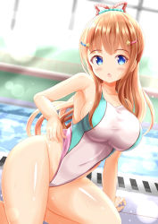 Rule 34 | 1girl, blue eyes, breasts, brown hair, commentary request, competition swimsuit, hair ornament, hair ribbon, hairclip, highleg, highleg swimsuit, highres, indoors, large breasts, long hair, looking at viewer, one-piece swimsuit, original, pool, poolside, ribbon, sitting, solo, swimsuit, white one-piece swimsuit, window, xenon (for achieve), yokozuwari