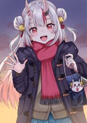 Rule 34 | 1girl, @-you (you 2023 8 16), bag, bag charm, bell, black coat, blue skirt, blush, brown cardigan, cardigan, charm (object), cloud, coat, double bun, duffel coat, fang, gradient hair, grey hair, hair bell, hair bun, hair ornament, highres, hololive, horns, jingle bell, long hair, looking at viewer, multicolored hair, nakiri ayame, oni, open clothes, open coat, open mouth, outdoors, pleated skirt, poyoyo (nakiri ayame), red eyes, red hair, red scarf, scarf, school bag, school uniform, skin-covered horns, skirt, smile, solo, streaked hair, sunset, teeth, two side up, upper teeth only, virtual youtuber, waving