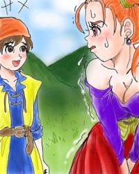 Rule 34 | 1boy, 1girl, bandana, blush, breasts, brown eyes, cleavage, dragon quest, dragon quest viii, dress, earrings, have to pee, hero (dq8), jessica albert, jewelry, large breasts, lowres, red eyes, red hair, smile, square enix, sweat, trembling, twintails