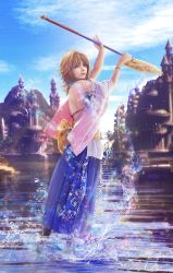 Rule 34 | 1girl, arms up, blue skirt, blue sky, bra, bracelet, brown hair, building, closed mouth, day, detached sleeves, final fantasy, final fantasy x, floral print, hakama, hakama skirt, heterochromia, holding, holding staff, japanese clothes, jewelry, leikangmin, long skirt, looking at viewer, outdoors, sash, short hair, skirt, sky, solo, staff, standing, standing on liquid, underwear, water, wide sleeves, yuna