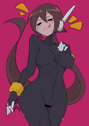 Rule 34 | 1girl, absurdres, aile (mega man zx), bar censor, black eyes, bodysuit, breasts, brown hair, buzzlyears, censored, curvy, glasses, highres, licking lips, long hair, medium breasts, mega man (series), mega man zx advent, nude, ponytail, pussy juice, solo, tight clothes, tongue, tongue out