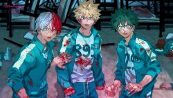 Rule 34 | 3others, bakugou katsuki, blonde hair, blood, blood on clothes, blood on face, blood on hands, blood splatter, boku no hero academia, burn scar, circle, freckles, green hair, green jacket, green pants, highres, jacket, looking at viewer, male focus, midoriya izuku, multicolored clothes, multicolored hair, multicolored jacket, multiple boys, multiple others, nosebleed, open mouth, pants, pool of blood, red eyes, red hair, scallopojisan, scar, scar on face, scar on hand, spiked hair, square, squid game, todoroki shouto, track pants, track suit, triangle, twitter username, two-tone hair, two-tone jacket, white hair