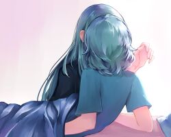 Rule 34 | 2girls, aqua hair, bang dream!, black shirt, blanket, blue shirt, commentary, from behind, highres, hikawa hina, hikawa sayo, implied kiss, incest, long hair, medium hair, multiple girls, on bed, pillow, shirt, siblings, simple background, sisters, spotlight l, symbol-only commentary, twincest, twins, white background, yuri
