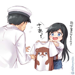 Rule 34 | 1boy, 1girl, admiral (kancolle), asashio (kancolle), belt, black hair, blue eyes, blush, bokukawauso, commentary request, ebifurya, flying sweatdrops, hair between eyes, hat, highres, holding, kantai collection, long hair, looking at another, military, military uniform, naval uniform, open mouth, otter, peaked cap, shirt, short sleeves, simple background, smile, standing, translation request, twitter username, uniform, white background, white shirt