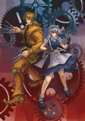 Rule 34 | 1girl, between fingers, blonde hair, braid, crossover, dio brando, father and daughter, gears, hideki, holding, holding knife, izayoi sakuya, jojo no kimyou na bouken, knife, knives between fingers, maid headdress, power connection, red eyes, short hair, silver hair, touhou, twin braids