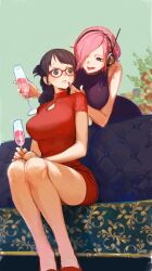 Rule 34 | 2girls, black hair, blush, champagne flute, couch, cup, dress, drinking glass, finger to another&#039;s mouth, frown, glasses, headphones, highres, licking lips, looking at another, multiple girls, one piece, pink hair, sitting, tashigi, tongue, tongue out, urasanmyaku, vinsmoke reiju, yuri