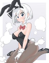 Rule 34 | 1girl, alternate costume, animal ears, between legs, black footwear, black pantyhose, blue eyes, blush, border, bow, bowtie, breasts, cleavage, closed mouth, collarbone, commentary request, covered navel, detached collar, embarrassed, fake animal ears, furrowed brow, grey background, hand between legs, high heels, highres, konpaku youmu, leotard, looking to the side, medium breasts, pantyhose, playboy bunny, rabbit ears, rabbit tail, red bow, red bowtie, ringed eyes, rioreori, short hair, sidelocks, silver hair, simple background, sitting, smoke, solo, sweatdrop, tail, touhou, wariza, wing collar, wrist cuffs