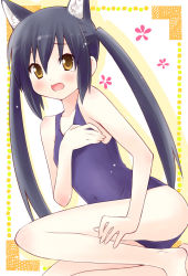 Rule 34 | 00s, 1girl, animal ears, barefoot, black hair, blush, brown eyes, cat ears, cat girl, eretto, female focus, flat chest, k-on!, legs, long hair, nakano azusa, one-piece swimsuit, school swimsuit, solo, swimsuit, tears, twintails