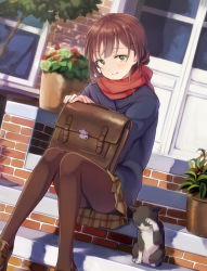 Rule 34 | 1girl, animal, bag, black pantyhose, blush, briefcase, brown eyes, brown hair, cat, coat, dutch angle, green eyes, loafers, mole, mole under eye, original, pantyhose, plaid, plaid skirt, plant, pleated skirt, potted plant, scarf, school bag, school briefcase, shadow, shoes, sitting, sitting on stairs, skirt, smile, solo, stairs, takeuchi aya, tree
