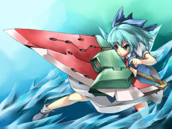Rule 34 | 1girl, advent cirno, beihan, blue eyes, blue hair, bow, cirno, female focus, fighting stance, food, fruit, ice, kokka han, matching hair/eyes, ribbon, short hair, solo, sword, touhou, watermelon, weapon, wings
