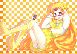 Rule 34 | 10s, 1girl, adjusting eyewear, bespectacled, blonde hair, boots, bow, brooch, bubble skirt, checkered background, choker, circlet, cure muse, cure muse (yellow), dodory, frills, gathers, gigokku, glasses, hair bow, heart, highres, jewelry, knee boots, long hair, magical girl, open mouth, panties, pantyshot, precure, red-framed eyewear, red eyes, shirabe ako, skirt, smile, solo, suite precure, underwear, upskirt, very long hair, yellow skirt, yellow theme