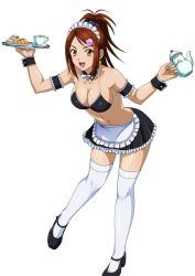 Rule 34 | 00s, 1girl, bachou mouki, black bra, bra, breasts, brown hair, cleavage, costume, earrings, hair ornament, holding, ikkitousen, jewelry, large breasts, looking at viewer, magatama, magatama earrings, maid, maid headdress, navel, open mouth, shiny clothes, shiny skin, sideboob, simple background, solo, thighhighs, underwear, white background, white thighhighs, yellow eyes, zettai ryouiki