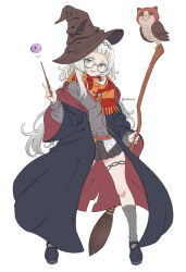 Rule 34 | 1girl, bird, black footwear, black robe, black skirt, blunt bangs, broom, full body, glasses, green eyes, grey sweater, gryffindor, harry potter (series), hat, hogwarts school uniform, holding, holding broom, holding wand, hololive, looking at viewer, murasaki shion, off shoulder, open mouth, owl, pleated skirt, robe, round eyewear, scarf, school uniform, silver hair, simple background, skirt, socks, solo, sweater, twitter username, vinhnyu, virtual youtuber, wand, white background, wide sleeves, witch hat, wizarding world