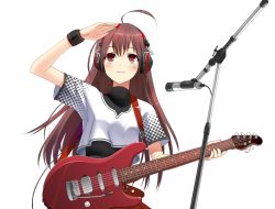 Rule 34 | 1girl, :3, ahoge, arm up, blush, brown hair, cable, electric guitar, guitar, headphones, instrument, long hair, looking away, looking up, microphone, microphone stand, red eyes, shading eyes, shiden, short sleeves, simple background, solo, studio microphone, white background, wristband