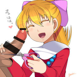 Rule 34 | 1boy, 1girl, :d, ^ ^, artist name, bar censor, beads, blonde hair, blush, bow, censored, chargeman ken!, closed eyes, commentary request, dress, erection, hair between eyes, hair bow, happy, heart, hetero, holding, holding scissors, imminent penis severing, izumi caron, laughing, long hair, long sleeves, matsumoto-san, open mouth, penis, pink bow, red dress, scary sex, scissors, simple background, smile, solo focus, testicles, translated, upper body, white background