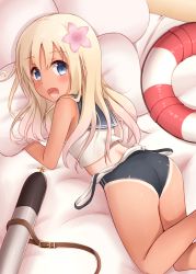 Rule 34 | 10s, 1girl, :d, ass, bad id, bad pixiv id, bare shoulders, blonde hair, blue eyes, crop top, flower, hair flower, hair ornament, highres, kantai collection, kapatarou, long hair, open mouth, ro-500 (kancolle), school swimsuit, school uniform, serafuku, sleeveless, smile, solo, swimsuit, tan
