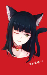 Rule 34 | 1girl, 2018, ;p, absurdres, animal ears, bell, neck bell, black hair, cat ears, cat tail, collar, collarbone, dated, earrings, gemi 25, green eyes, highres, jewelry, kurosawa dia, long hair, love live!, love live! sunshine!!, one eye closed, portrait, red background, simple background, smile, solo, tail, tongue, tongue out