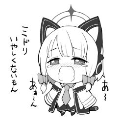 Rule 34 | 1girl, animal ear headphones, animal ears, blue archive, blush, cat ear headphones, chibi, coat, commentary, fake animal ears, gale kawaii, halo, hashtag-only commentary, headphones, midori (blue archive), necktie, pleated skirt, skirt, solo, tail, tearing up, tears, translation request, wavy mouth