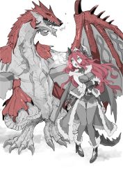 Rule 34 | 1girl, armor, breasts, breath weapon, breathing fire, cleavage, crossed arms, crown, dragalia lost, dragon, dragon girl, dragon tail, fire, full body, fur trim, high heels, highres, horns, long hair, monster hunter (series), mym (dragalia lost), nikukaiq, open mouth, partially colored, rathalos, red hair, tail, thighhighs, wyvern