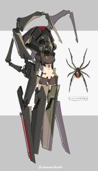 Rule 34 | 1girl, black widow (spider), braid, brown hair, bug, dual wielding, extra arms, grey background, headgear, holding, mecha musume, midriff, no feet, original, shorts, signature, spider, sword, two-tone background, weapon, zenmaibook