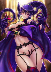 Rule 34 | 10s, 1girl, boken fantasy, breasts, bursting breasts, c-string, cleavage, cloak, garter belt, garter straps, gloves, grin, highres, hobby japan, horns, large breasts, long hair, looking at viewer, open cloak, open clothes, pointy ears, ponytail, purple eyes, purple hair, queen&#039;s blade, queen&#039;s blade lost worlds, queen&#039;s blade rebellion, smile, solo, standing, strapless bottom, thighhighs, very long hair, werbellia
