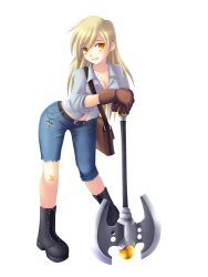 Rule 34 | 1girl, axe, blonde hair, boots, breasts, cleavage, derpy hooves, full body, gloves, highres, hooves, long hair, medium breasts, my little pony, my little pony: friendship is magic, personification, solo, transparent background, weapon, yatonokami, yellow eyes