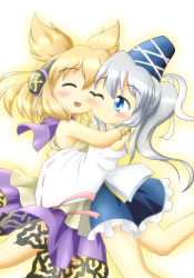Rule 34 | 2girls, ^ ^, bare shoulders, blue eyes, blush stickers, bracelet, cheek-to-cheek, closed eyes, detached sleeves, closed eyes, female focus, frown, hat, headphones, heads together, highres, hug, japanese clothes, jewelry, light brown hair, long sleeves, meitou muku, mononobe no futo, multiple girls, one eye closed, open mouth, outline, ponytail, shirt, short hair, silver hair, skirt, sleeveless, sleeveless shirt, smile, standing, standing on one leg, tate eboshi, touhou, toyosatomimi no miko, white background, wide sleeves, wink