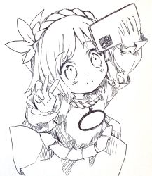 Rule 34 | 1girl, cellphone, commentary request, greyscale, hair ornament, hands up, highres, holding, holding phone, leaf hair ornament, long sleeves, mirror, monochrome, phone, selfie, short hair, simple background, skirt, smartphone, solo, tatuhiro, touhou, v, yasaka kanako, aged down