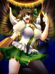 Rule 34 | 1girl, bad id, bad pixiv id, black wings, breasts, brown hair, female focus, large breasts, long hair, middle finger, ootsuki wataru, open mouth, reiuji utsuho, single thighhigh, solo, thighhighs, tongue, touhou, wings