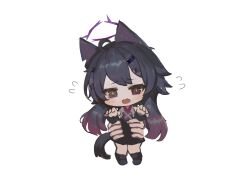 Rule 34 | 1girl, 1other, ahoge, animal ears, black footwear, black hair, black jacket, black skirt, blue archive, cat ears, cat girl, cat tail, chibi, collared shirt, commentary request, disembodied hand, dokomon, flying sweatdrops, full body, gradient hair, hair ornament, hairclip, haruka (blue archive), highres, holding, jacket, kemonomimi mode, korean commentary, long hair, long sleeves, mini person, minigirl, multicolored hair, purple eyes, purple hair, shirt, shoes, simple background, skirt, tail, very long hair, white background, white shirt