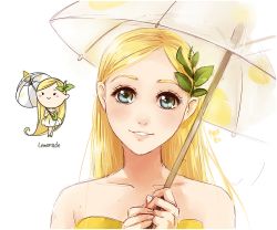 Rule 34 | 1girl, bare arms, bare shoulders, blonde hair, blue eyes, blush stickers, chibi, collarbone, dress, food-themed clothes, hair ornament, holding, leaf, leaf on head, lemonade, light smile, lips, long hair, meago, object on head, original, parted lips, personification, signature, sketch, smile, solo, strapless, strapless dress, umbrella, upper body, very long hair, yellow dress