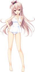 Rule 34 | 1girl, atelier kaguya, barefoot, blush, bow, choco chip, ero zemi, finger to own chin, full body, game cg, gluteal fold, hair bow, hand on own hip, highres, long hair, looking at viewer, nagaoka satomi (ero zemi), one-piece swimsuit, one side up, open mouth, pink hair, red eyes, school swimsuit, solo, swimsuit, tachi-e, transparent background, white one-piece swimsuit, white school swimsuit