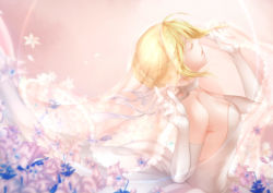 Rule 34 | 1girl, ahoge, alternate costume, arkray, artoria pendragon (all), artoria pendragon (fate), bad id, bad pixiv id, bare shoulders, blonde hair, bridal veil, choker, dress, elbow gloves, closed eyes, fate/stay night, fate (series), flower, from side, gloves, md5 mismatch, saber (fate), solo, veil, wedding dress
