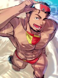 Rule 34 | 1boy, abs, another eidos-r, armpits, bara, beach, beard, blurry, brown eyes, brown hair, character request, check copyright, copyright request, depth of field, facial hair, foot out of frame, from above, goggles, goggles on head, highres, katoributa a, looking at viewer, lower teeth only, male focus, male swimwear, muscular, muscular male, navel, ocean, one eye closed, open mouth, pectorals, red male swimwear, sand, short hair, signature, smile, solo, teeth