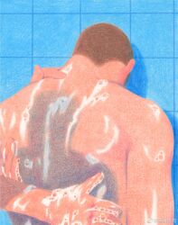 Rule 34 | 2boys, bara, buzz cut, dagou (yuzhou fei gou), faceless, faceless male, from behind, hand on another&#039;s back, highres, looking down, male focus, multiple boys, nude, original, painterly, short hair, shower (place), soap bubbles, solo focus, upper body, very short hair, washing another, yaoi