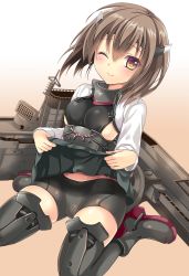 Rule 34 | 10s, 1girl, ;), bike shorts, breasts, brown eyes, brown hair, clothes lift, gradient background, headband, headgear, ikura nagisa, kantai collection, looking at viewer, medium breasts, one eye closed, personification, short hair, skirt, skirt lift, smile, solo, taihou (kancolle), thighhighs, wink