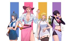 Rule 34 | 4girls, aged down, arm at side, artist name, bare arms, belt, black eyes, black hair, blonde hair, blowing smoke, blue eyes, blue hair, blue skirt, bottle, breasts, buckingham stussy, cake, cake slice, charlotte linlin, cigarette, cleavage, closed mouth, collarbone, collared shirt, cowboy shot, cropped jacket, crossed arms, dress, earrings, expressionless, food, garter straps, gloves, gun, hand on own hip, hand up, hands up, hat, height difference, high ponytail, highres, holding, holding bottle, holding cake, holding cigarette, holding food, jacket, jacket on shoulders, jewelry, k164, large breasts, light smile, lips, long hair, long sleeves, looking at viewer, mature female, medium hair, midriff, miniskirt, multiple girls, nail polish, navel, neckerchief, necklace, one piece, parted lips, pencil skirt, pink eyes, pink hair, pink nails, pink skirt, plunging neckline, red nails, sarong, shakuyaku (one piece), shirt, short dress, short hair, shorts, side slit, skirt, sleeveless, sleeveless dress, smile, smoke, smoking, stomach, sword, tall female, thighhighs, tsuru (one piece), weapon, white dress, white jacket, white shirt, wing collar, zettai ryouiki