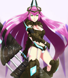 Rule 34 | 1girl, armor, breasts, circlet, cleavage, crotch plate, gamushiro (souren), gauntlets, green eyes, huge weapon, large breasts, long hair, lord of vermilion, pauldrons, pink hair, shoulder armor, solo, spikes, stella (lord of vermilion), thighhighs, very long hair, weapon