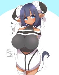 Rule 34 | 1girl, absurdres, animal ears, arms behind back, bandaged horn, bandaged leg, bandages, bare shoulders, black shirt, blue background, blue eyes, blue hair, blush, breasts, closed mouth, commentary request, covered collarbone, cow ears, cow girl, cow horns, cow tail, dark-skinned female, dark skin, head tilt, highres, horns, idaten93, jacket, large breasts, looking at viewer, original, personification, shirt, sleeveless, sleeveless shirt, solo, tail, translation request, two-tone background, white background, white jacket