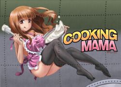 Rule 34 | 10s, 1girl, :q, abazu-red, apron, batter, black thighhighs, blunt bangs, bowl, closed mouth, commentary request, english text, food, food on face, from side, full body, girls und panzer, holding, long hair, looking at viewer, naked apron, orange eyes, orange hair, sitting, smile, solo, spatula, takebe saori, thighhighs, tongue, tongue out, twitter username