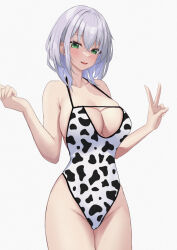 Rule 34 | 1girl, alternate costume, animal print, blush, breasts, commentary request, cow print, cowboy shot, green eyes, groin, hands up, haro art, highres, hololive, large breasts, looking at viewer, one-piece swimsuit, parted lips, print swimsuit, shirogane noel, short hair, simple background, skindentation, smile, solo, swimsuit, v, virtual youtuber, white background, white hair