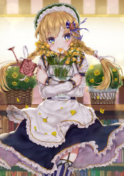 Rule 34 | 1girl, absurdres, amatou cacao, apron, blue eyes, blue skirt, blurry, blurry background, blush, book, bookshelf, bow, braid, commentary request, cowboy shot, crossed arms, english text, flower, flower pot, freesia (flower), frilled apron, frills, garter straps, hair bow, hair ribbon, highres, holding, holding watering can, indoors, long hair, long sleeves, looking back, maid, maid headdress, original, pansy, petals, ribbon, skirt, smile, solo, striped clothes, striped thighhighs, thighhighs, twin braids, vertical-striped clothes, vertical-striped thighhighs, watering can, yellow flower, yellow pansy