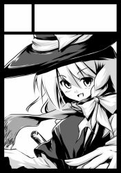 Rule 34 | 1girl, black border, border, circle cut, date hajime, female focus, greyscale, hat, kirisame marisa, monochrome, perfect cherry blossom, scarf, solo, touhou, witch, witch hat