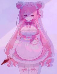 Rule 34 | 1girl, alternate costume, blood, bloody knife, bow, bowtie, breasts, character name, cleavage, closed mouth, detached collar, double bun, dress, enmaided, expressionless, frilled dress, frilled headwear, frilled thighhighs, frills, hair between eyes, hair bun, hair ribbon, happy sugar life, heart, heart in eye, highres, knife, kokonoe826, large breasts, legwear garter, long hair, looking at viewer, maid, maid headdress, matsuzaka satou, pastel colors, pink bow, pink bowtie, pink dress, pink hair, pink ribbon, pink theme, plaid, plaid bow, plaid bowtie, plaid ribbon, ribbon, ribbon legwear, short sleeves, solo, symbol in eye, thighhighs, very long hair, white bow, white headwear, white thighhighs, white wrist cuffs, wrist cuffs