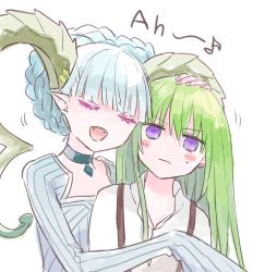 Rule 34 | 1boy, 1girl, :d, blue hair, blush, braid, closed eyes, colored eyelashes, crown braid, curled horns, dress, enkidu (fate), fangs, fate/grand order, fate/grand order arcade, fate (series), green hair, green horns, hand on another&#039;s head, himeko (nico6v6pachi), horns, kingu (fate), larva tiamat (fate), larva tiamat (first ascension) (fate), open mouth, purple eyes, ribbed dress, sleeves past wrists, smile, sweatdrop, tiamat (fate), wavy mouth, white background
