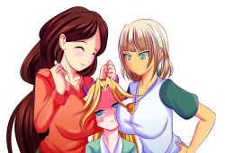 Rule 34 | 3girls, ^ ^, angelica diaz, angie diaz, annoyed, blonde hair, blue eyes, blunt bangs, breast envy, breast press, breasts, brown hair, closed eyes, fake horns, girl sandwich, green eyes, hands on own hips, highres, horned headwear, horns, jackie lynn thomas, large breasts, long hair, looking at another, looking down, mature female, mikado ryouma, mrs diaz, multiple girls, sandwiched, simple background, smile, star butterfly, star vs the forces of evil, sweater, upper body, white background