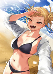 Rule 34 | 1girl, absurdres, bags under eyes, beach, belly, bikini, black bikini, blonde hair, blush, boku no hero academia, breasts, cleavage, collarbone, double bun, fangs, groin, hair bun, hand on own face, highres, jacket, large breasts, legs, lens flare, looking at viewer, messy hair, midriff, navel, ocean, open clothes, open mouth, open shirt, sand, see-through, selfie, shaded face, shadow, slit pupils, smile, solo, sun, sunlight, swimsuit, teeth, thighs, toga himiko, tongue, yellow eyes, zd (pixiv6210083)