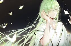 Rule 34 | 1other, androgynous, black background, bug, butterfly, collarbone, enkidu (fate), fate/grand order, fate (series), glowing, green eyes, green hair, hair between eyes, highres, insect, long hair, rihuajiong, robe, short sleeves, smile, solo, toga, very long hair, white robe, wide sleeves