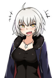 Rule 34 | &gt;:d, +++, 1girl, :d, ahoge, collarbone, cowfee, fate/grand order, fate (series), fur collar, highres, jeanne d&#039;arc (fate), jeanne d&#039;arc alter (fate), jeanne d&#039;arc alter (ver. shinjuku 1999) (fate), jewelry, looking at viewer, official alternate costume, open mouth, pendant, short hair, smile, solo, tears, upper body, v-shaped eyebrows, white hair, yellow eyes